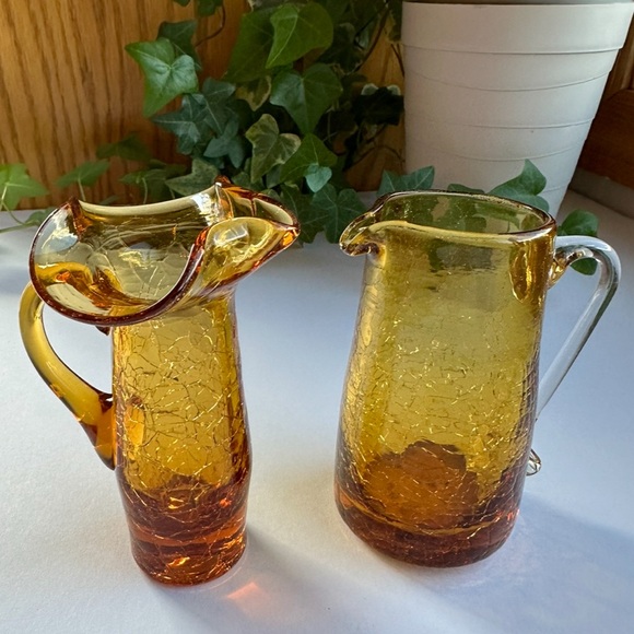 Miniature PAIR of Blown Glass Pitchers Golden Amber Crackle Glass Creamers 4” - Picture 2 of 8